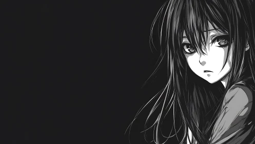 Monochrome anime portrait with melancholic side gaze.