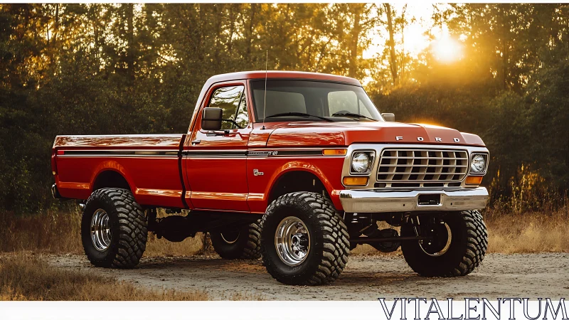 Lifted classic red Ford pickup truck at sunset outdoors.