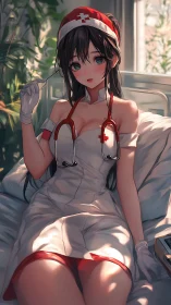 Anime nurse on hospital bed in warm afternoon light.