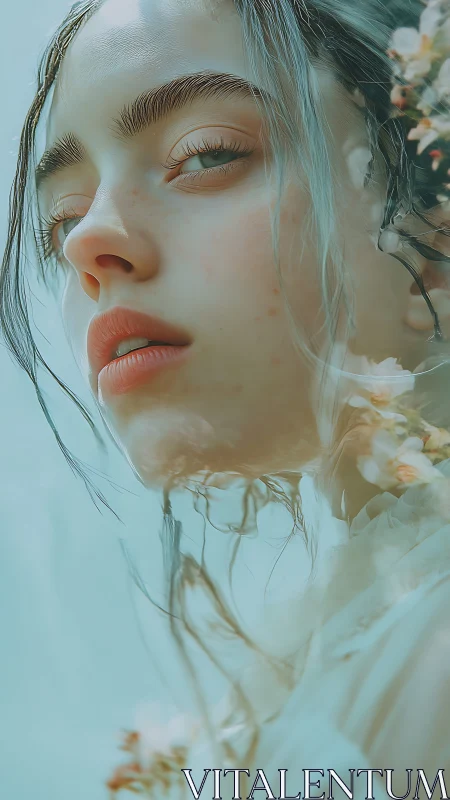 Ethereal portrait merges soft skin and pale blossoms.