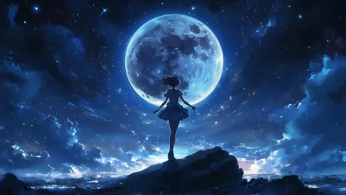 Moonlit dreamer balances on the edge of a sky-blue world