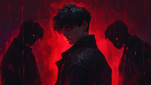 Central male figure in red-lit scene with two dark silhouettes.