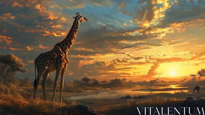 Giraffe standing beside reflective river under sunset sky.