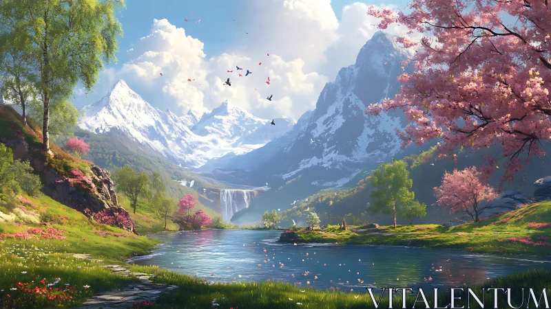 Peaceful spring valley beneath glowing snowy mountains.