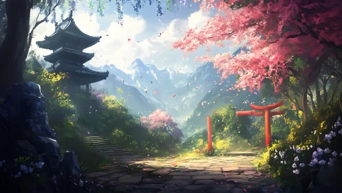 Mountain shrine path under cherry blossoms at sunrise.