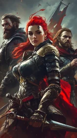 Fire-haired knight and her steadfast comrades in battle.