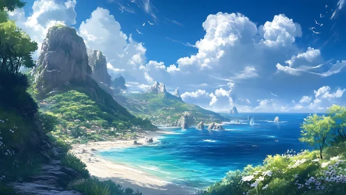 Composite landscape rendering depicting coastal terrain with stratified geological formations.