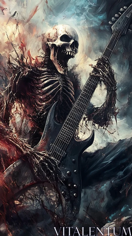 Skeletal metal guitarist roaring amid infernal stormscape.