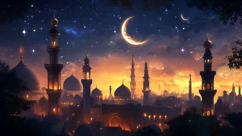 Golden crescent over a starlit Middle Eastern skyline.