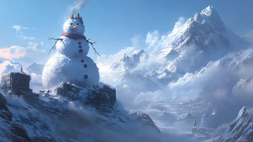 Gigantic snowman fortress dominates icy alpine valley under clear sky
