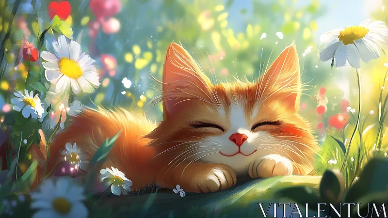 Orange and white cat resting contentedly in sunlit wildflower field