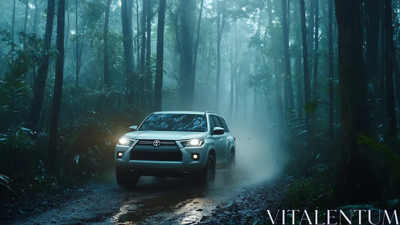 White SUV powers through misty rainforest trail at dusk.