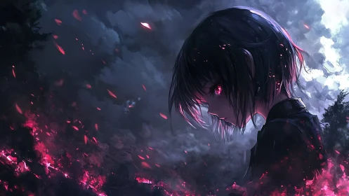Solitary anime figure stands amid embers under stormy skies