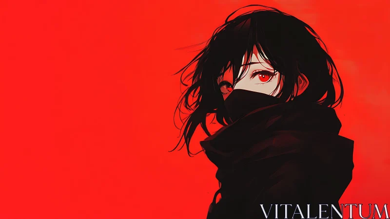 Digital portrait presents masked figure against solid red field