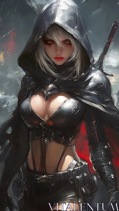 Digital painting of hooded rogue assassin in dark armor.