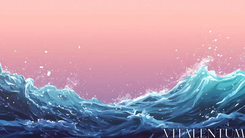 Rolling ocean waves glow gently beneath a pastel sunset sky
