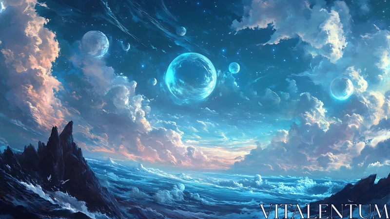 Starlit ocean worlds beneath swirling pastel clouds.