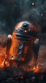 Rusty orange droid moving through burning embers and smoke.
