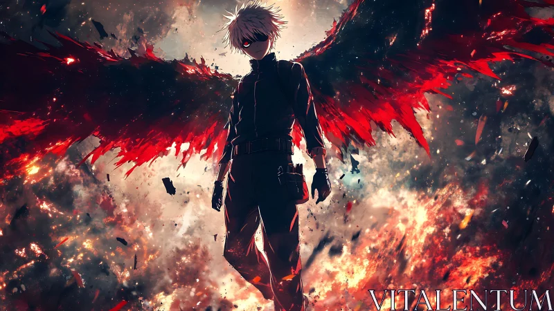 Fierce winged warrior strides forward through blazing chaos