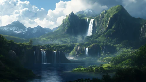 Layered mountain waterfalls over forested river basin.