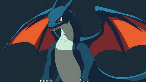 Cel-shaded blue dragon with orange wings on dark ground