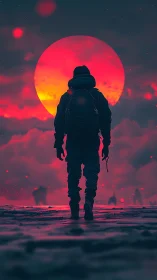 Solitary hooded figure before large red sun at dusk.