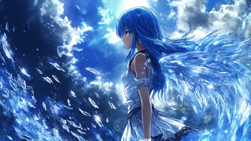 Blue-haired angel strides through stormlit ocean sky