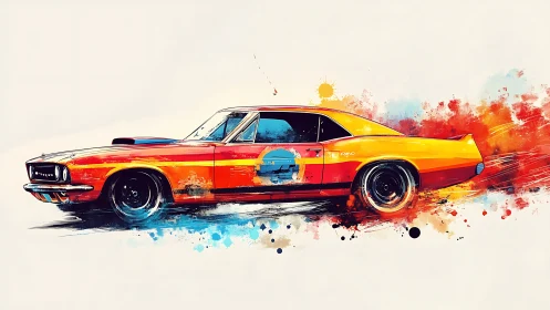 Dynamic muscle car digital painting with kinetic color splashes.