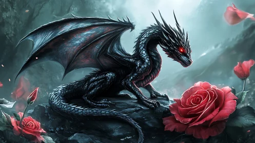 Tiny obsidian dragon resting among dewy crimson roses.