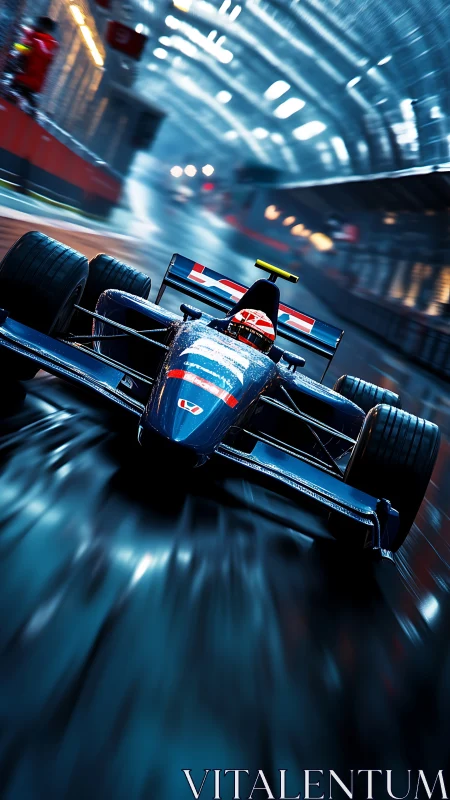 Formula race car accelerates through wet, illuminated tunnel