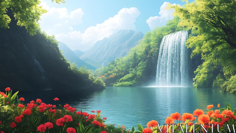 High-saturation waterfall basin framed by florals and backlit haze