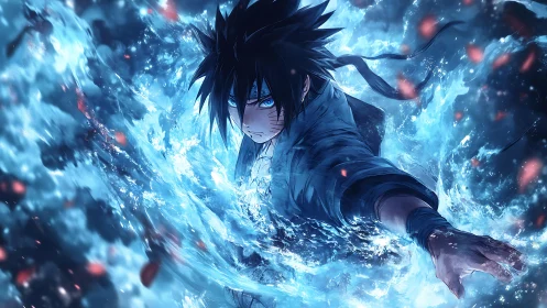 Storm-lit warrior diving through swirling blue water magic.