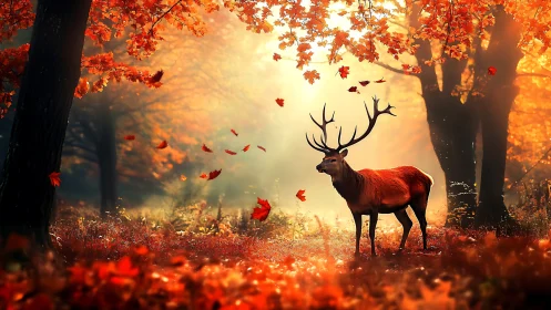 Majestic stag stands in glowing autumn forest sunlight