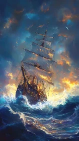 Storm-tossed galleon surging through blazing twilight seas.