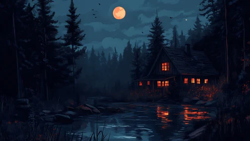 Moonlit forest cabin reflects warm light across still water