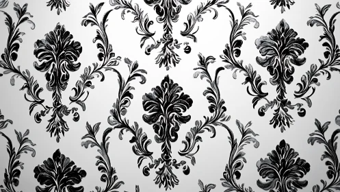 Monochrome baroque damask wallpaper with ornamental repeat pattern.