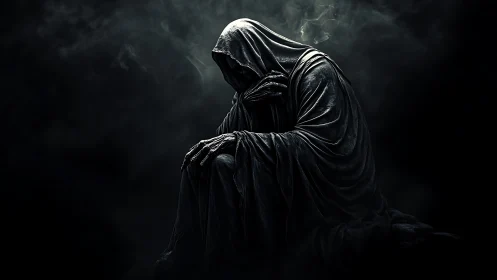 Shrouded hooded figure in dark environment, seated posture.