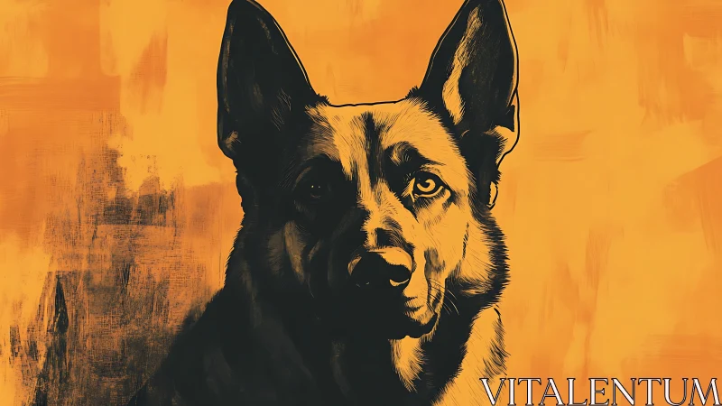 Bold German shepherd portrait on textured amber field.