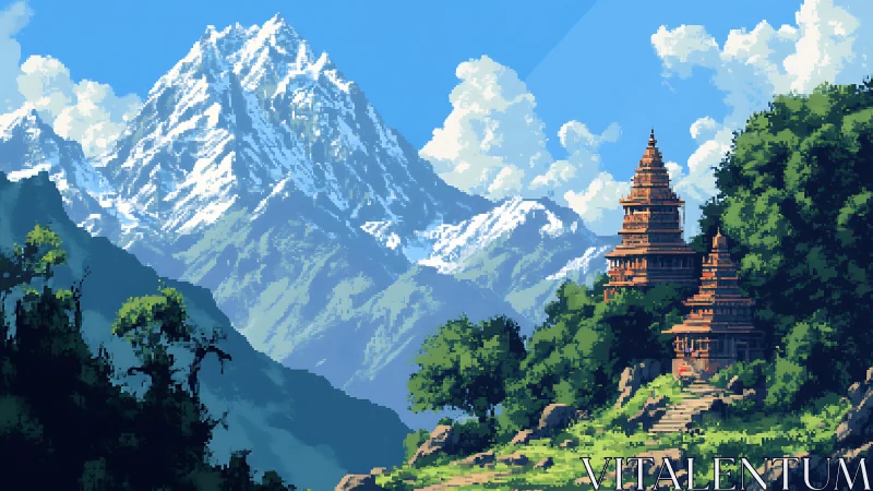 Mountain landscape shows snow peak and hillside temple complex