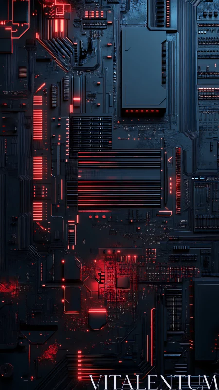 Neon motherboard metropolis pulsing with red circuit embers.