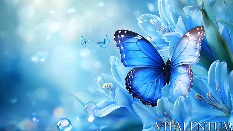 Gentle blue butterfly resting softly among dreamy blossoms.