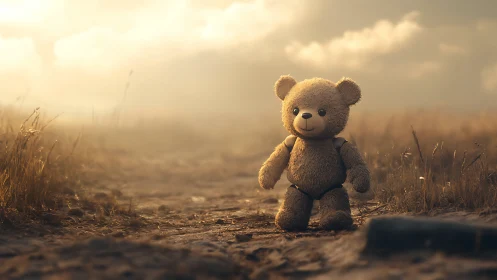 Stuffed toy bear on dirt path in soft evening backlight.