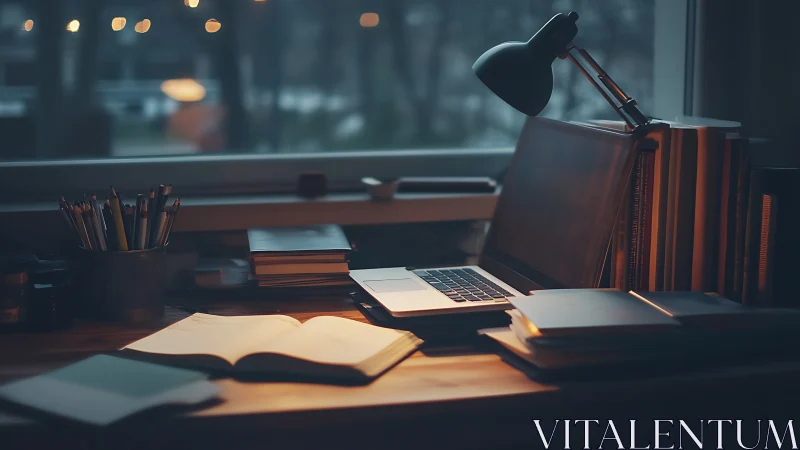 Cozy home workspace glows under lamplight at dusk