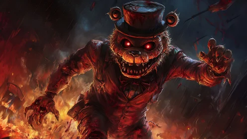 Demonic animatronic bear lunges forward in burning chaos
