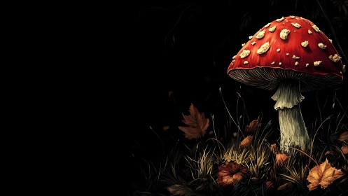 Moonlit red mushroom stands bright in a quiet autumn forest