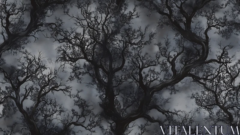 Dense leafless tree branches against overcast gray sky pattern.