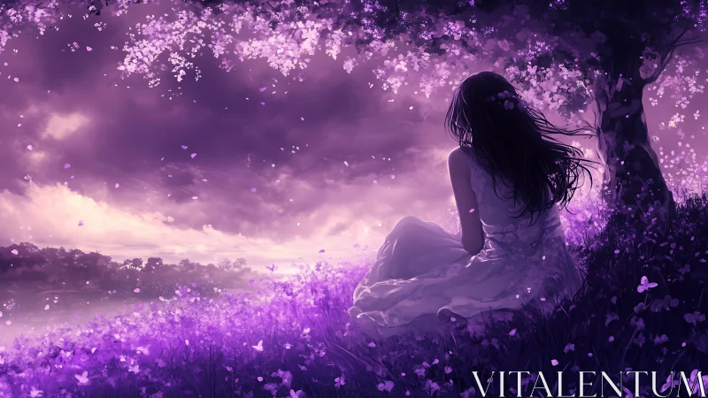 Twilight dreamer beneath violet blossoms and whispering sky.