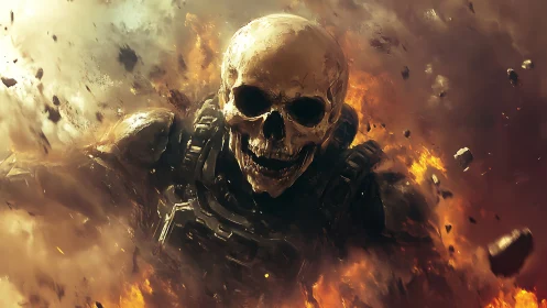 Armored flaming skull warrior emerging through explosion.