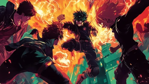 Explosive anime street battle with dynamic central fighter.