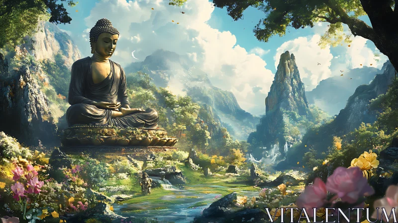Digital painting of serene Buddha in lush mountain valley.
